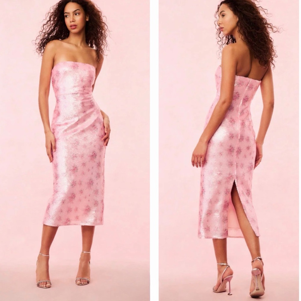 LoveShackFancy Stasia Sequin Floral Strapless Pink Cocktail Midi Dress NEW - Picture 2 of 15